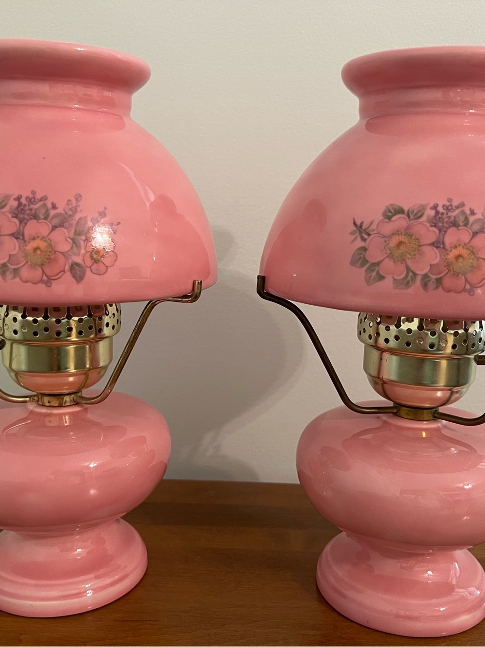 Vintage Pink Ceramic GWTW type 3-way Lamp with Floral Details-Electric-Pair